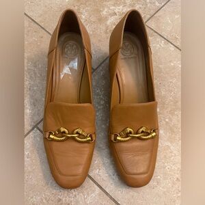 Tory Burch Jessa Heeled Loafers, Brown Leather with Horse Head Hardware.